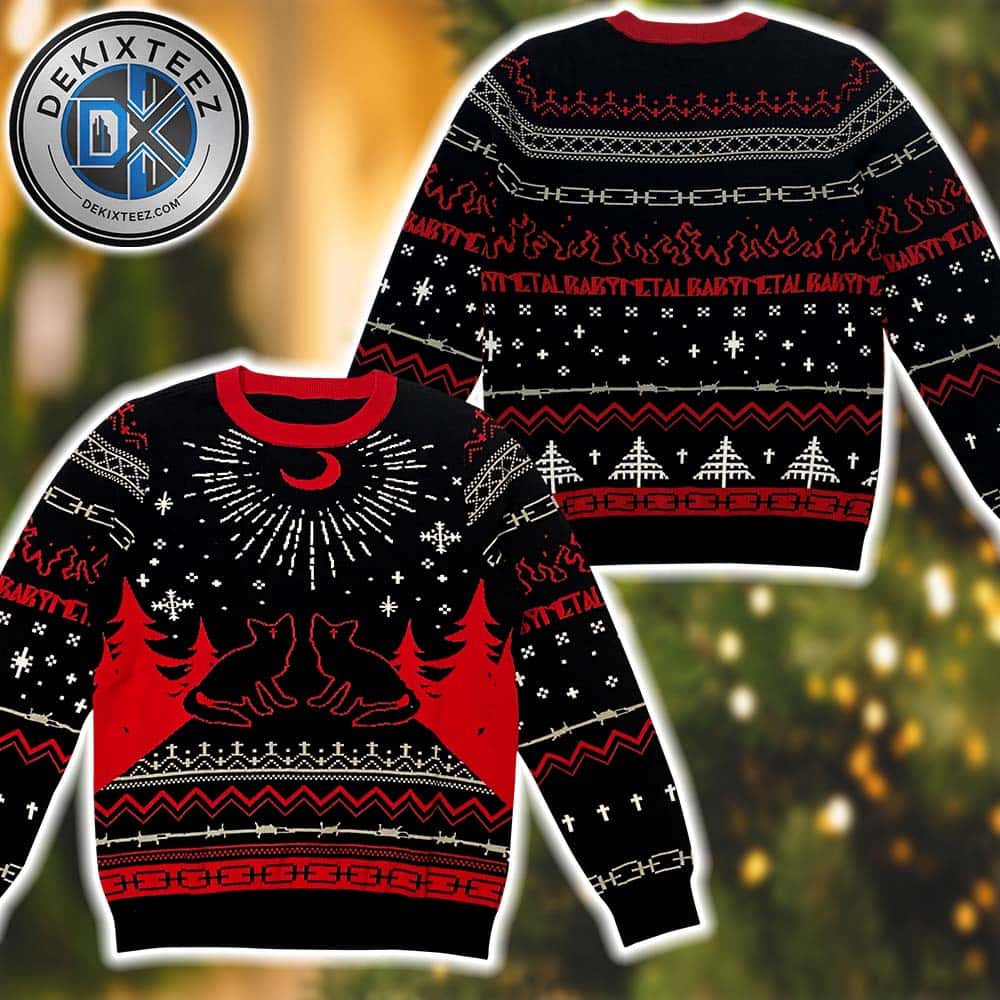 BABYMETAL Red Moon Pattern Black And Red Background Ugly Christmas Sweater BABYMETAL Red Moon Pattern Black And Red Background Ugly Christmas Sweater