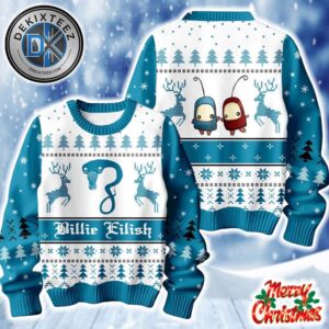 Billie Eilish Ocean Eyes Wildflower Blue And White Background Xmas Gifts 2025 Knitted Ugly Christmas Sweater
