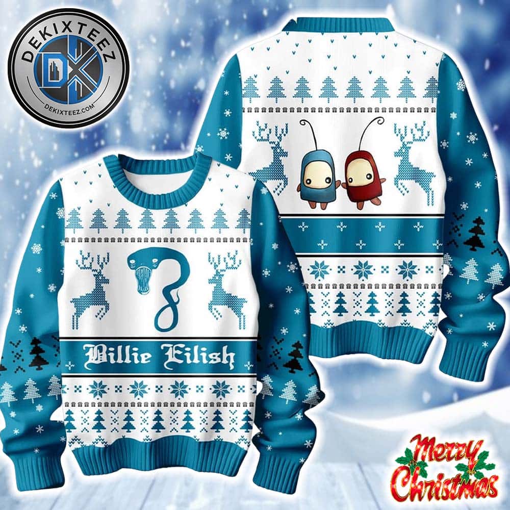 Billie Eilish Ocean Eyes Wildflower Blue And White Background Xmas Gifts 2025 Knitted Ugly Christmas Sweater Billie Eilish Ocean Eyes Wildflower Blue And White Background Xmas Gifts 2025 Knitted Ugly Christmas Sweater