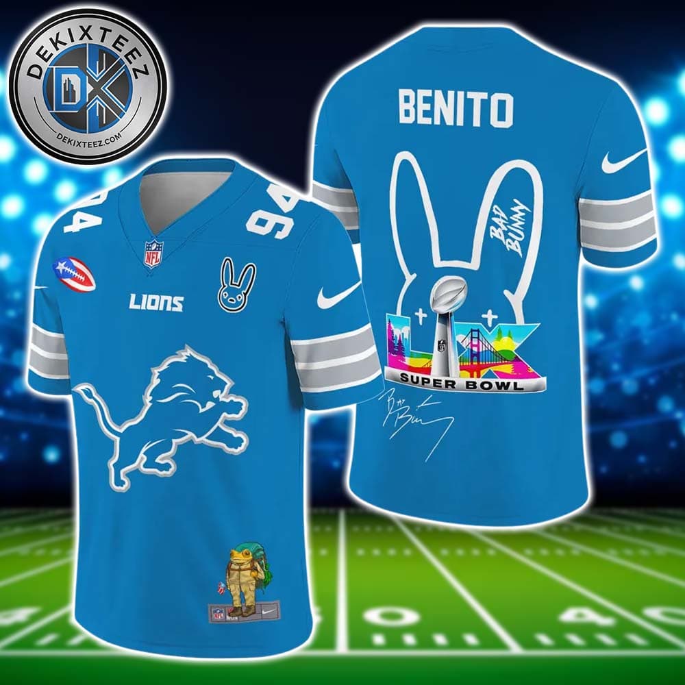 Detroit Lions NFL x Bad Bunny Super Bowl LX With Benito 94 Name And Number Football Jersey Detroit Lions NFL x Bad Bunny Super Bowl LX With Benito 94 Name And Number Football Jersey