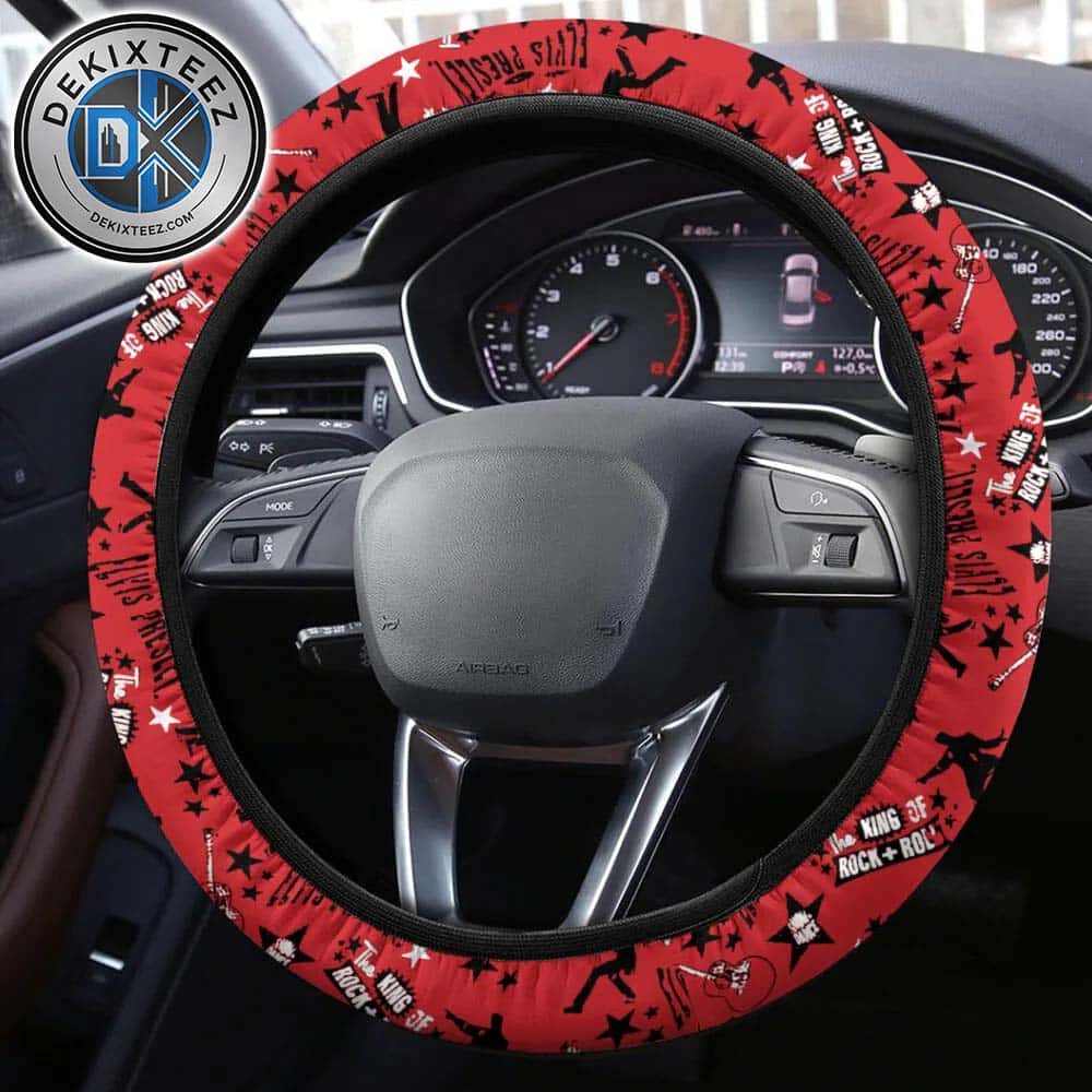 Elvis Presley The King Of Rock And Roll With Red Background Steering Wheel Cover Elvis Presley The King Of Rock And Roll With Red Background Steering Wheel Cover