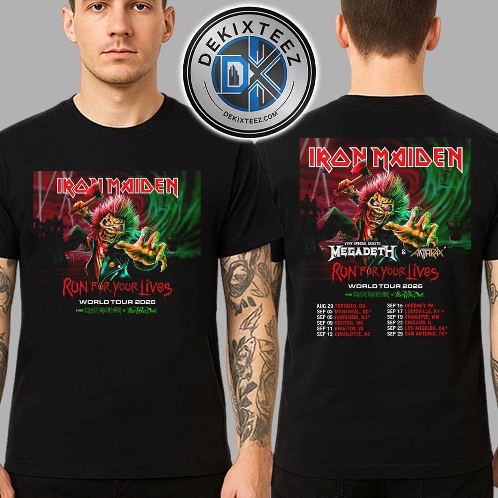 Iron Maiden Run For Your Lives World Tour 2026 Dates List In The USA And Canada Two Sided Print Unisex T-Shirt Iron Maiden Run For Your Lives World Tour 2026 Dates List In The USA And Canada Two Sided Print Unisex T-Shirt