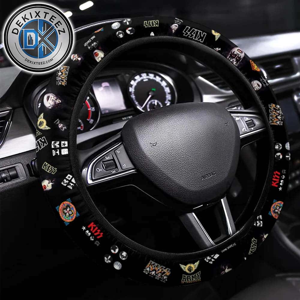 KISS Iconic Logos Rock Symbols Black Background Steering Wheel Cover KISS Iconic Logos Rock Symbols Black Background Steering Wheel Cover