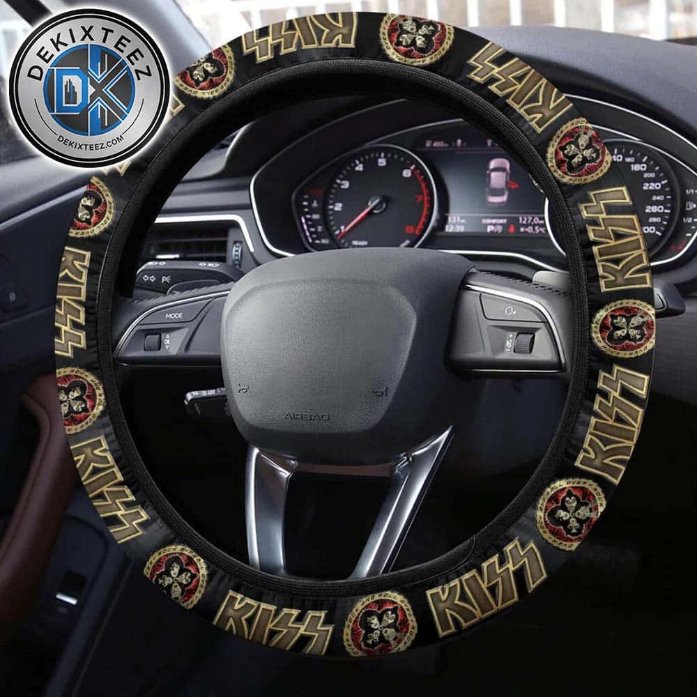 KISS Logo With Photo Band Black Background Steering Wheel Cover KISS Logo With Photo Band Black Background Steering Wheel Cover