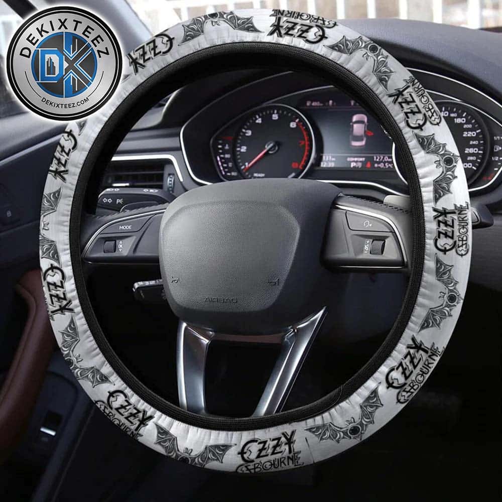 Ozzy Osbourne Logo Golden With Bat Grey Background Steering Wheel Cover Ozzy Osbourne Logo Golden With Bat Grey Background Steering Wheel Cover