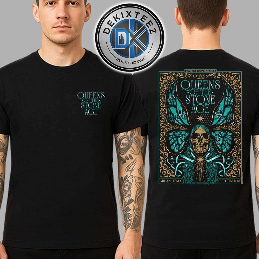 Queens Of The Stone Age Milan Italy Poster Tonight At Teatro Lirico Giorgio Gaber On October 18 Alive In The Catacombs Tour 2025 Unisex T-Shirt Queens Of The Stone Age Milan Italy Poster Tonight At Teatro Lirico Giorgio Gaber On October 18 Alive In The Catacombs Tour 2025 Unisex T-Shirt