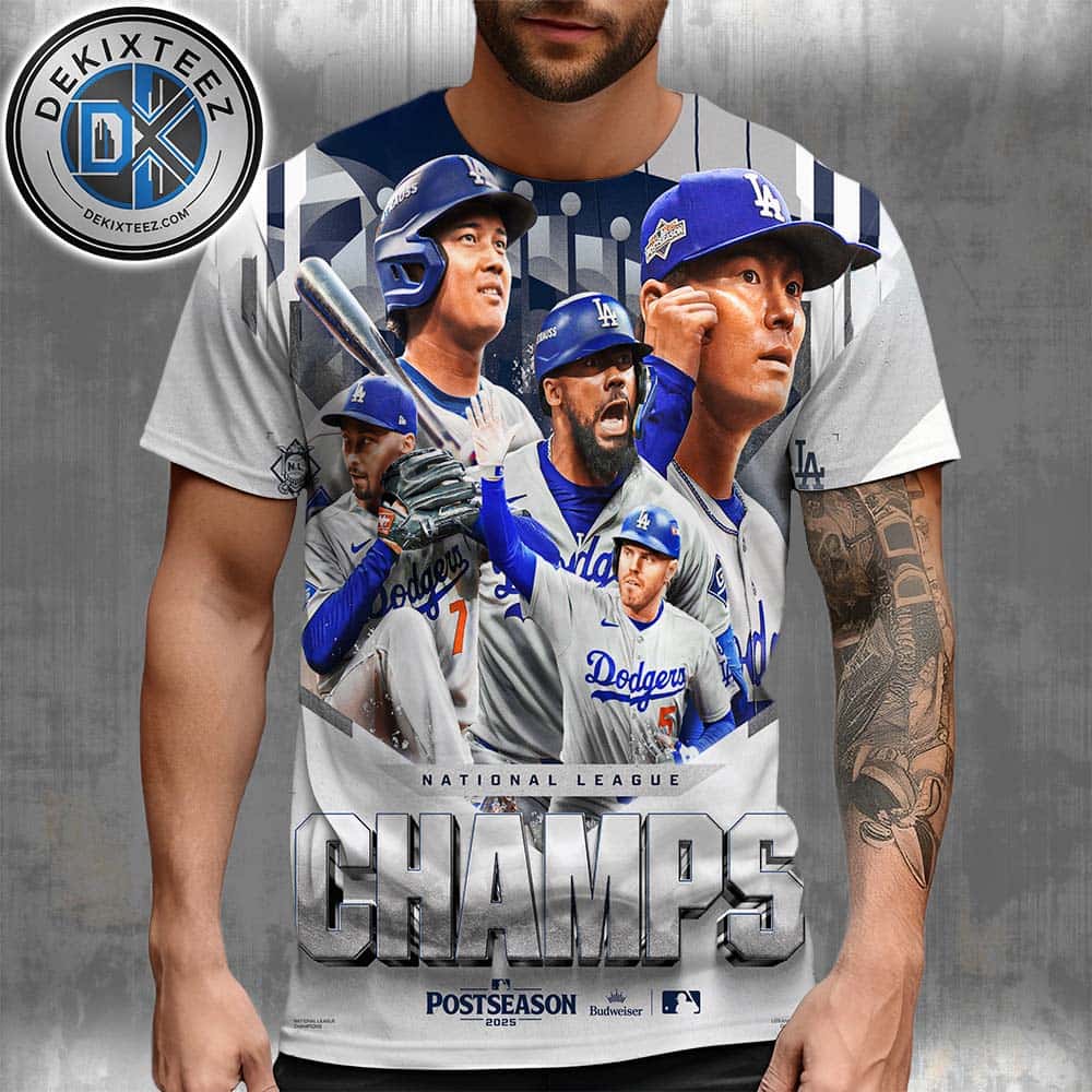 The Los Angeles Dodgers Named To 2025 National League Champions MLB Postseason All Over Print T-Shirt The Los Angeles Dodgers Named To 2025 National League Champions MLB Postseason All Over Print T-Shirt